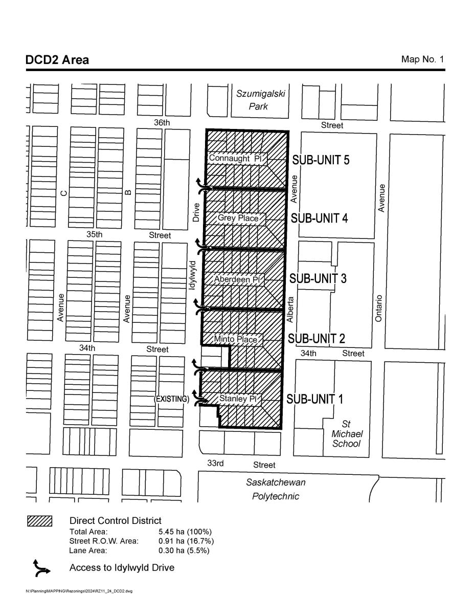 Map of the DCD2 zoning district, with Stanley as sub-unit 1, Minto as sub-unit 2, Aberdeen as sub-unit 3, Grey as sub-unit 4, and Connaught as sub-unit 5.